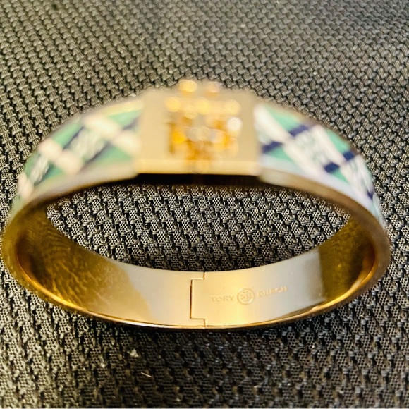 Tory Burch-1” Leather Inlay Hinge Bracelets in Blue/Green Tartan/ or Blue Tartan - Picture 6 of 9